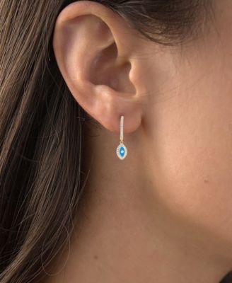 Cubic Zirconia & Blue Enamel Evil Eye Dangle Hoop Earrings in 14k Gold-Plated Sterling Silver