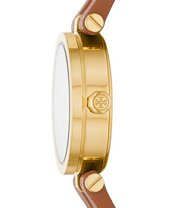 Tory Burch - Women's Gold-Tone Logo Brown Leather Strap Watch 22mm