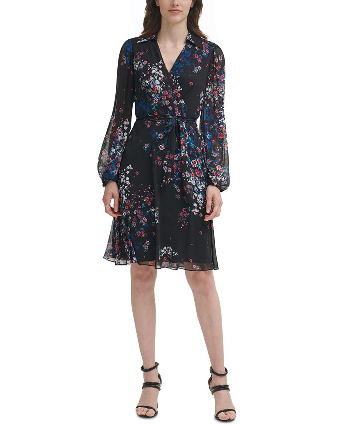 DKNY Floral-Print Wrap-Style Dress - Macy's