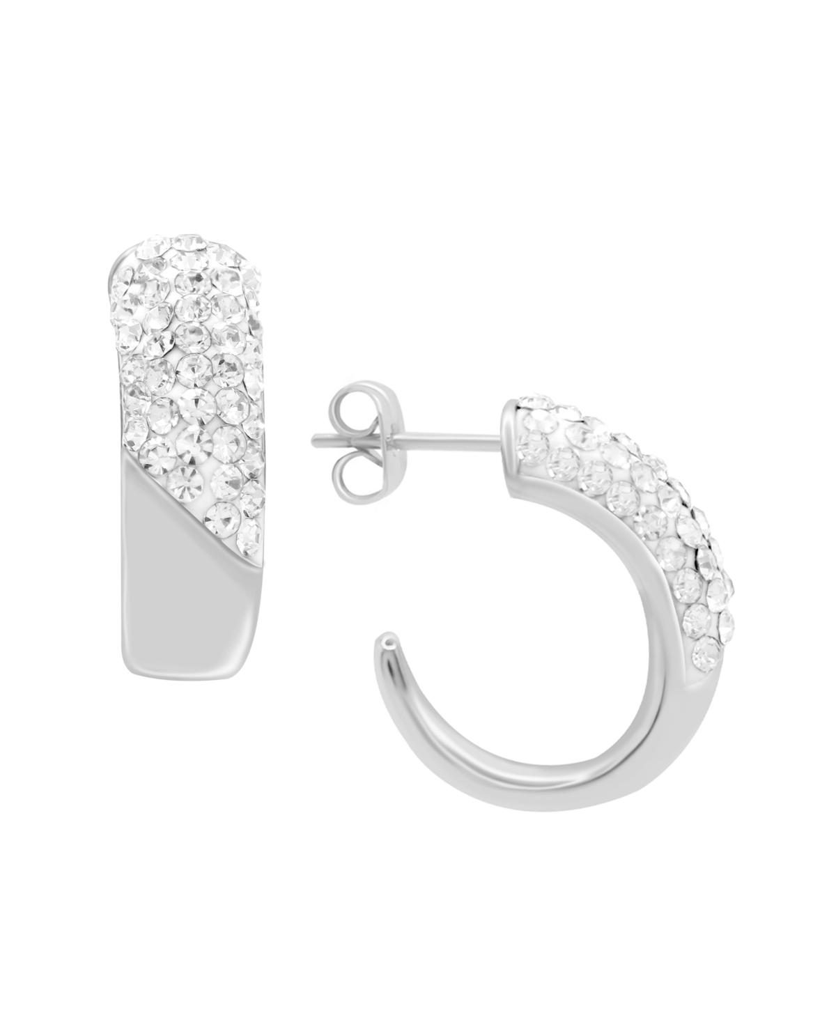 Clear Crystal Pave J Hoop Earring, Gold Plate and Silver Plate - Silver-Tone
