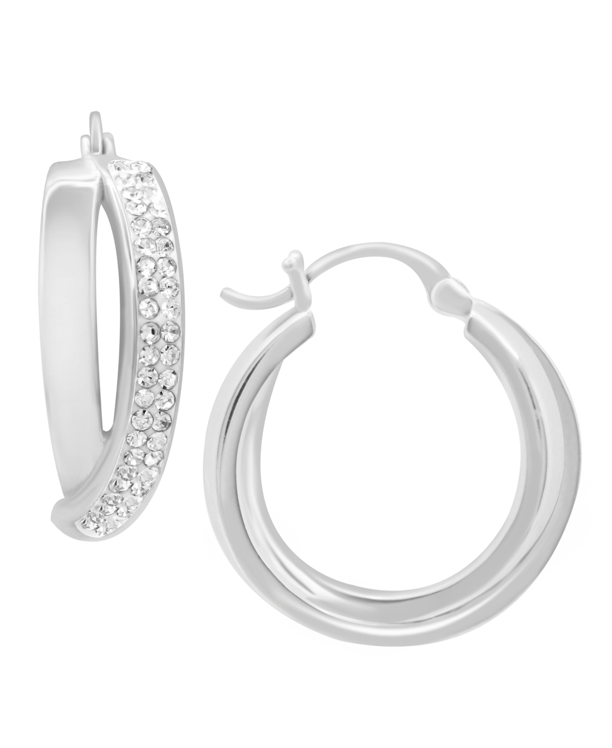 Crystal and High Polish Crossover Hoop Earring, Silver Plate - Silver-Tone