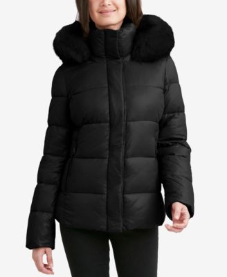 tahari faux fur trim puffer coat