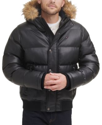 Men's Faux Leather Quilted Snorkel Hooded Bomber Jacket with Faux Fur Hood