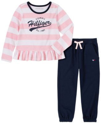 Toddler Girls Striped Ruffle Hem Top and French Terry Joggers Set, 2 Piece