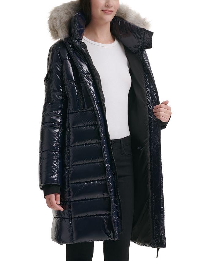 DKNY Petite High-Shine Faux-Fur-Trim Hooded Puffer Coat, Created for ...