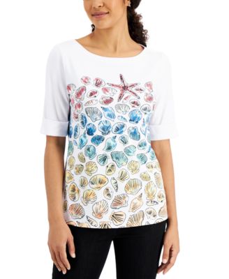 Karen Scott - Seashell-Print Elbow-Sleeve Top, Created for Macy's