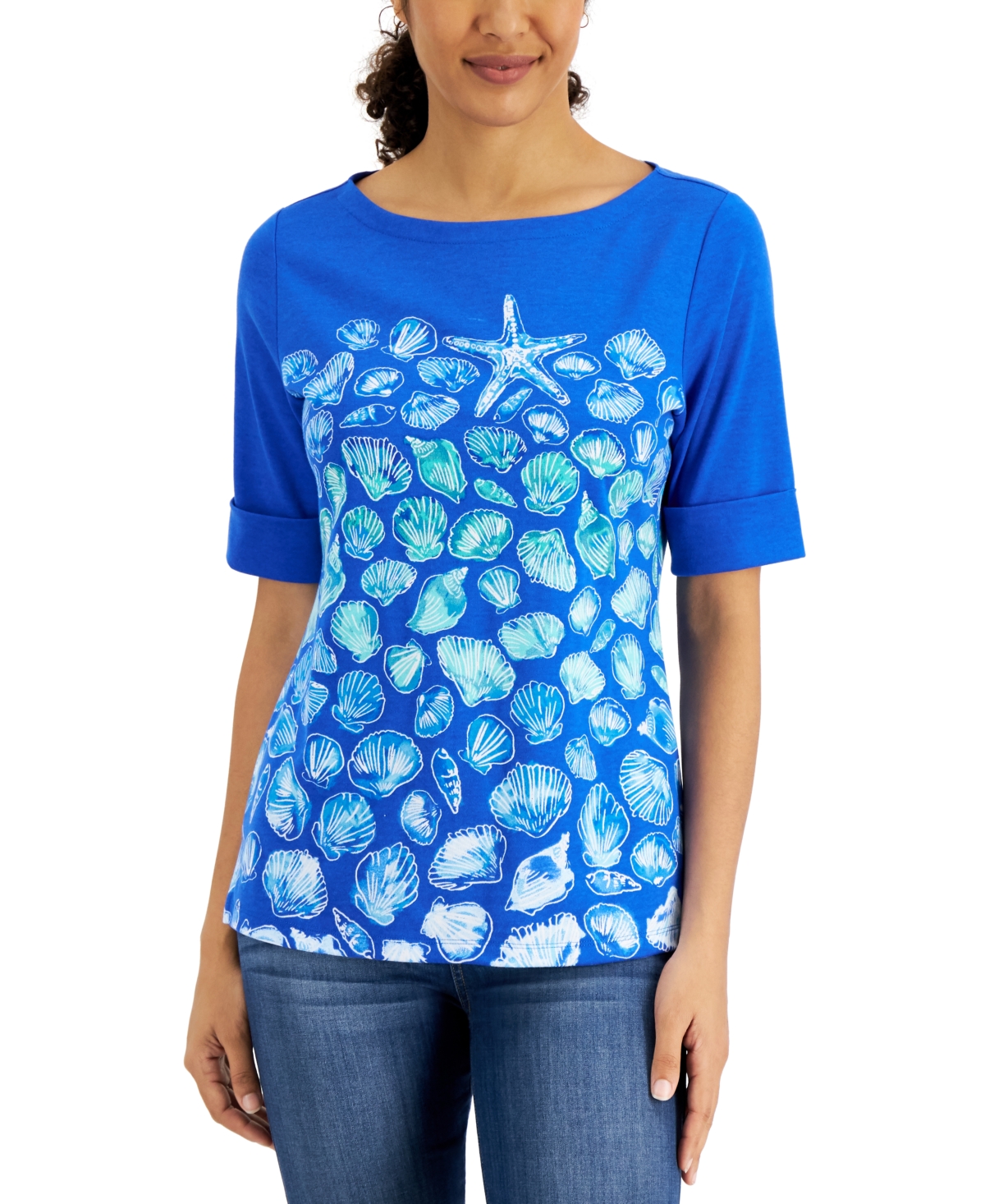 Karen Scott Seashell-print Elbow-sleeve Top, Created For Macy's In Ultra Blue
