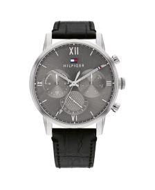 Men's Black Leather Strap Watch, 44mm