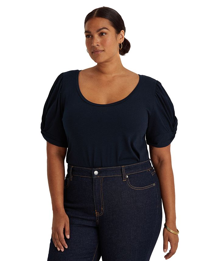 Lauren Ralph Lauren Plus-Size Cotton-Blend Puff-Sleeve T-Shirt & Reviews -  Tops - Plus Sizes - Macy's