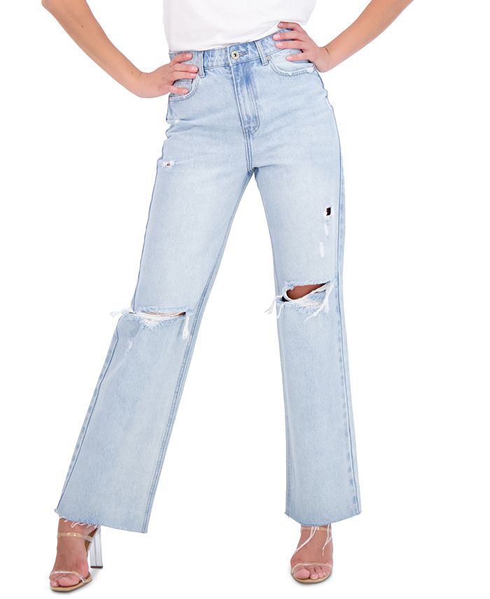 Gogo Jeans - Juniors' Cotton Ripped Wide-Leg Jeans