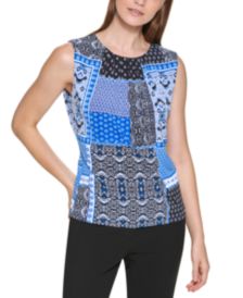 Patchwork Print Sleeveless Pleat Neck Top