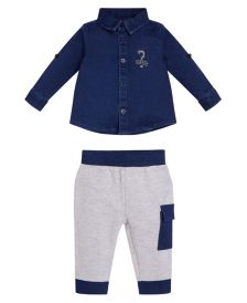 Baby Boys Knit Denim Button Front Shirt and French Terry Joggers, 2 Piece Set