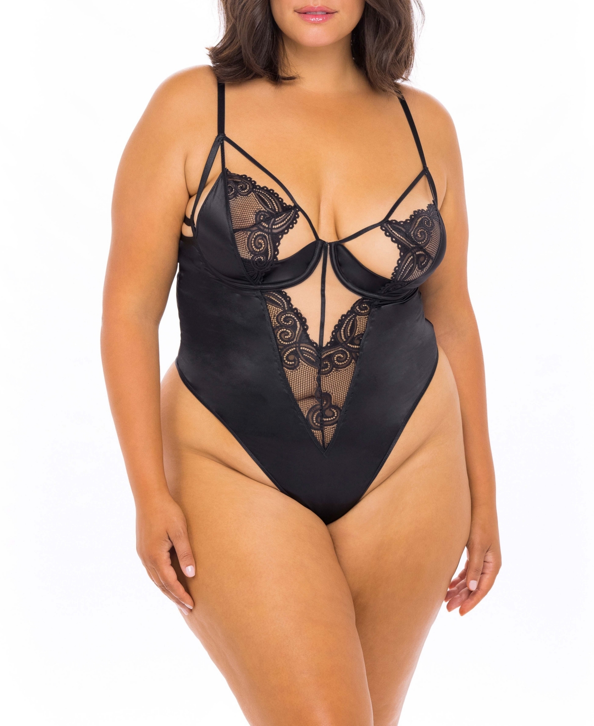Plus Size Underwire Teddy Featuring Art Deco Lace with A Thong Back, 2pc Lingerie Set - Black