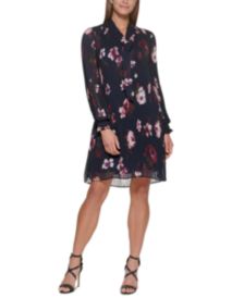 Floral-Print Pleated Tie-Neck Dress