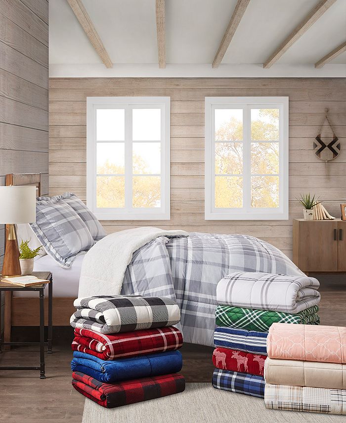 Beige Premier Comfort Micro Velvet Sherpa Plaid Reversible Comforter KING 
