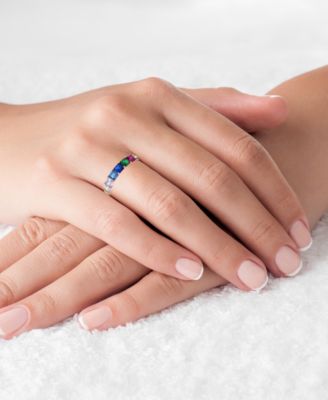 Rainbow Princess Cut Cubic Zirconia Eternity Band in 14k Rose Gold Plated Sterling Silver