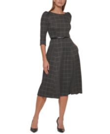 Plaid Puff-Sleeve Belted Midi Dress