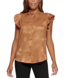 Jacquard Cap-Sleeve Button-Down Blouse