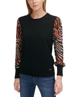 Dkny Sheer-sleeved Mixed-media Sweater 