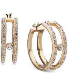 Gold-Tone Small Crystal Double Row Hoop Earrings, 0.9"