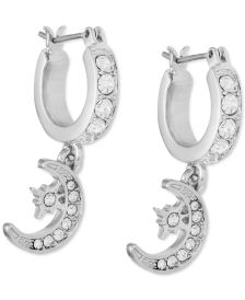 Silver-Tone Crystal Star & Moon Charm Huggie Hoop Earrings