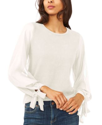 CeCe - Cotton Chiffon-Sleeve Mixed-Media Sweater