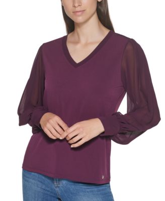 Calvin Klein - Solid Chiffon-Sleeve V-Neck Top