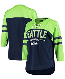 Women's College Navy, Neon Green Seattle Seahawks Double Wing Lace-Up 3/4 Sleeve T-shirt