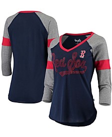 Women's Navy, Gray Boston Red Sox Fan For Life Raglan V-Neck 3/4 Sleeve T-shirt