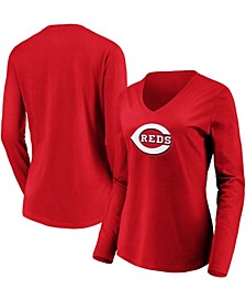 Women's Red Cincinnati Reds Official Logo Long Sleeve V-Neck T-shirt