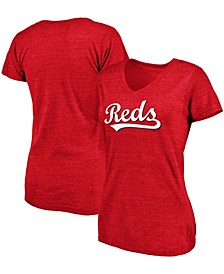 Women's Heathered Red Cincinnati Reds Wordmark Tri-Blend V-Neck T-shirt