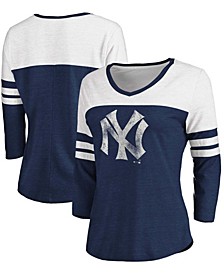 Women's Heathered Navy, White New York Yankees Two-Toned Distressed Cooperstown Collection Tri-Blend 3/4 Sleeve V-Neck T-shirt