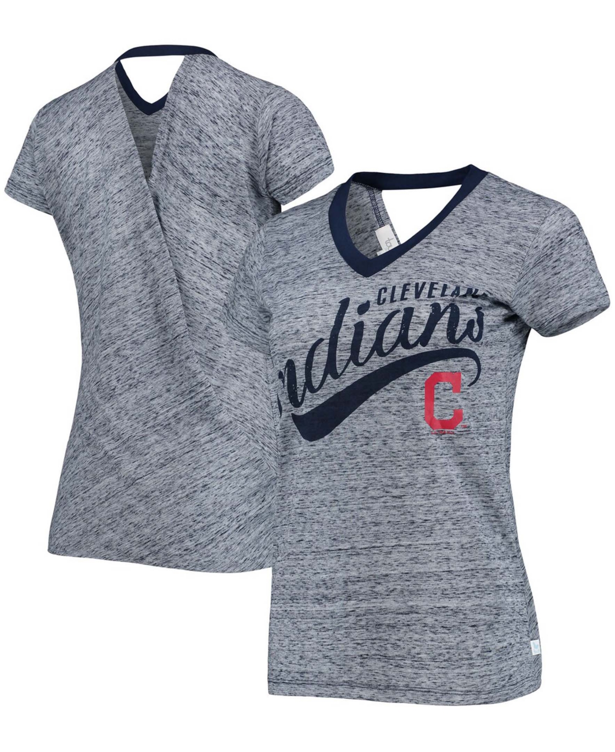 Women's Navy Cleveland Indians Hail Mary V-Neck Back Wrap T-shirt - Navy