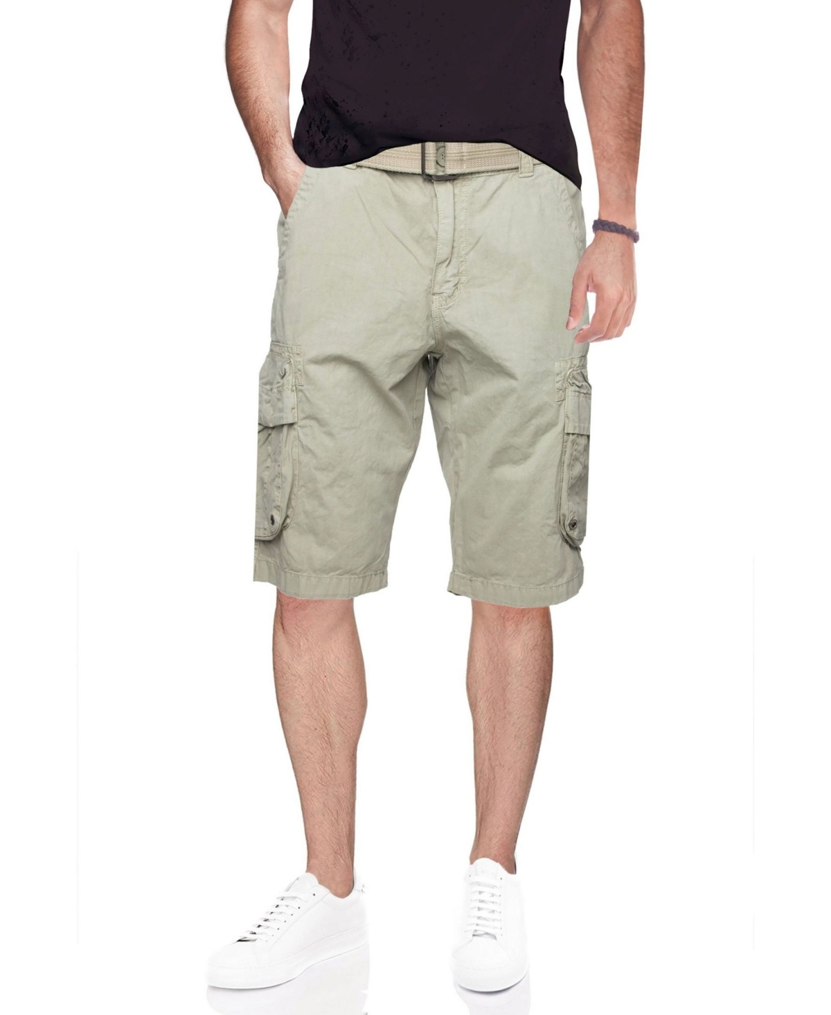 Men's Belted Double Pocket Cargo Shorts - Olive Camo
