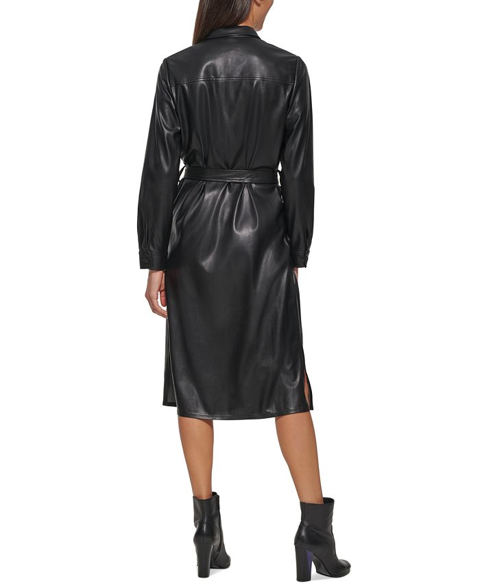 Calvin Klein Long Sleeve Faux-Leather Shirtdress - Macy's