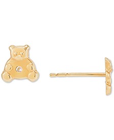 Cubic Zirconia Teddy Bear Stud Earrings in 14k Gold