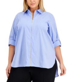 Plus Size Cotton Striped High-Low Shirt