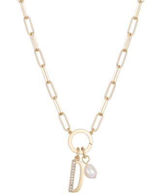 Photo 1 of UNWRITTEN Cubic Zirconia Initial & Freshwater Pearl 18" Pendant Necklace in Gold Plate
Freshwater pearl: 6mm
Set in fine silver plate or 14k gold flash-plated metal; cubic zirconia
Approx. length: 18"; approx. drop: 3/4"
Spring ring closure
