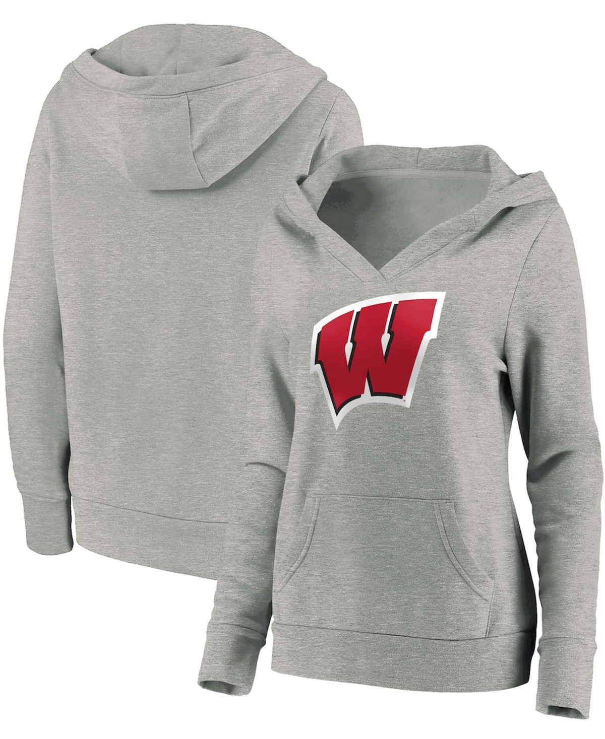 Women's Heathered Gray Wisconsin Badgers Primary Logo V-Neck Pullover Hoodie - Heather Gray