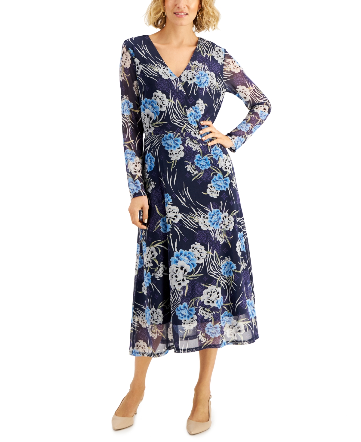 Jm Collection Printed Wrap Midi Dress, Created For Macy's In Intrepid Blue Combo