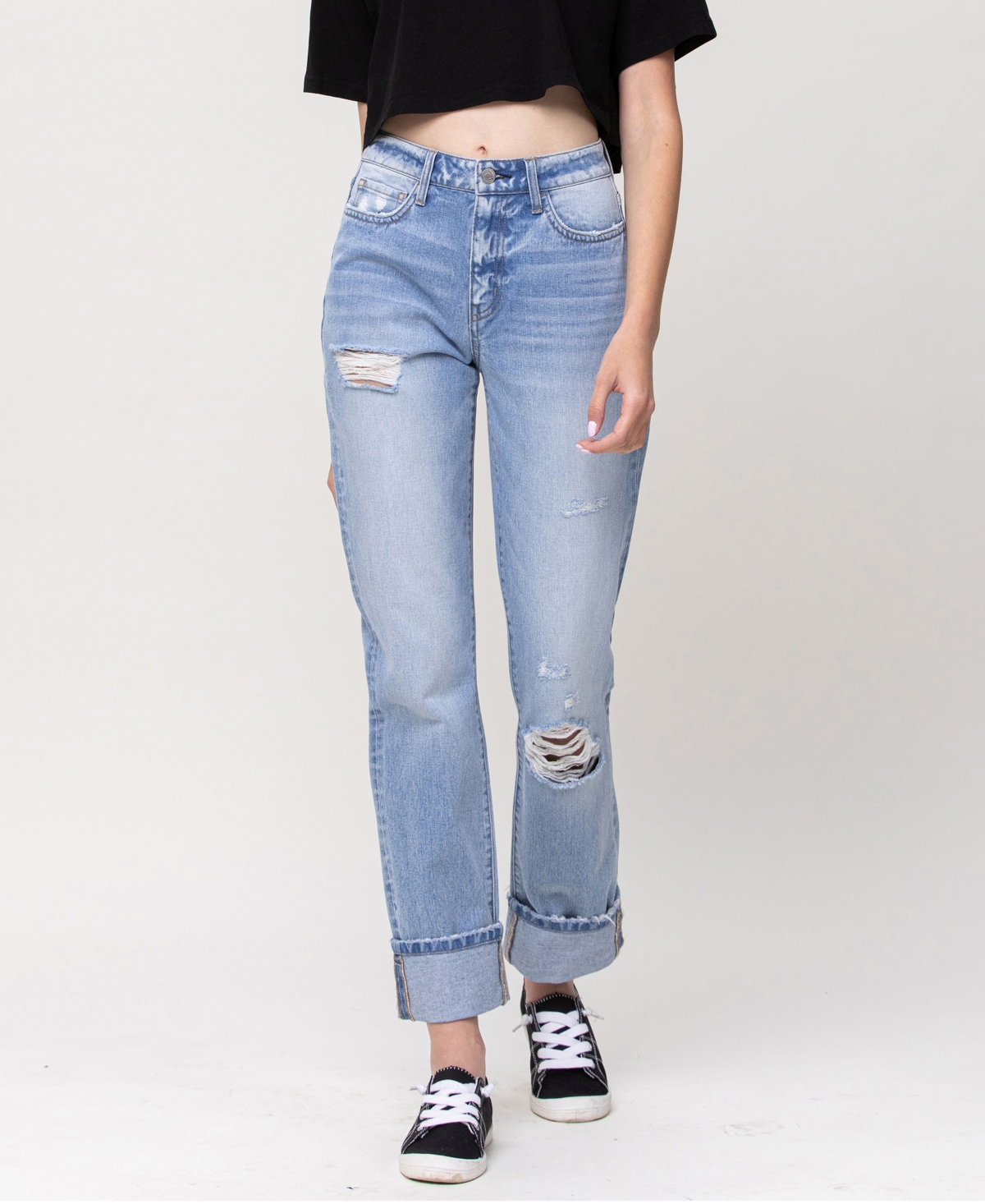  Women's High Rise 90's Vintage-Like Straight Jeans with Cuff Hem