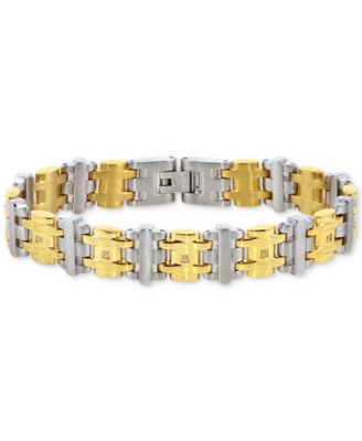 Macy's - Men's Diamond Two-Tone Link Bracelet (1/10 ct. t.w.) in Stainless Steel & Gold-Tone Ion-Plated Stainless Steel