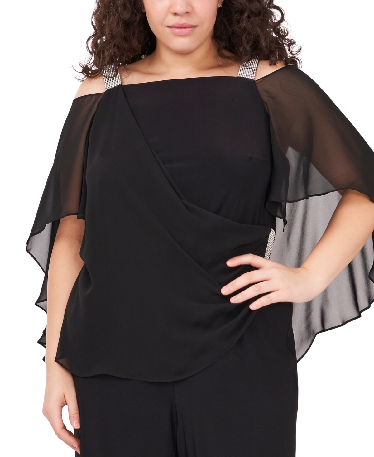 Msk Plus Size Side Draped Cape Overlay Jumpsuit Black Smart Closet