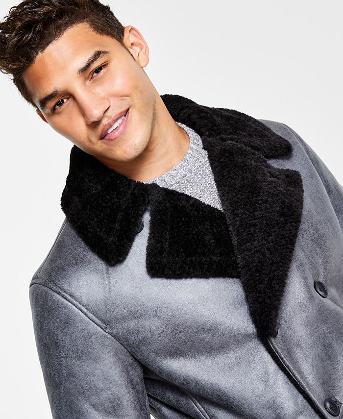INC International Concepts Men's Classic Fit Faux Shearling Double Breasted Overcoat Gray Size Large
