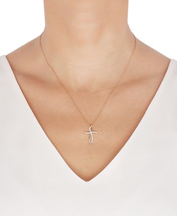 Macy's - Diamond Curved Cross Pendant Necklace (1/4 ct. t.w.) in 10k Gold, 16" + 2" extender