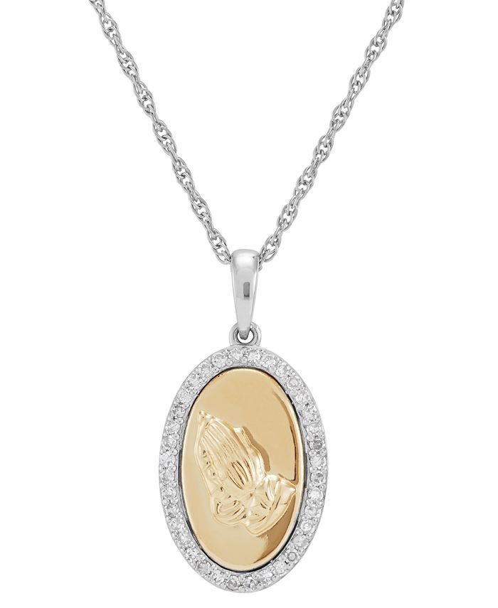 Macy's - Diamond Praying Hands Pendant Necklace (1/4 ct. t.w.) in 14k Gold & Sterling Silver, 16" + 2" extender