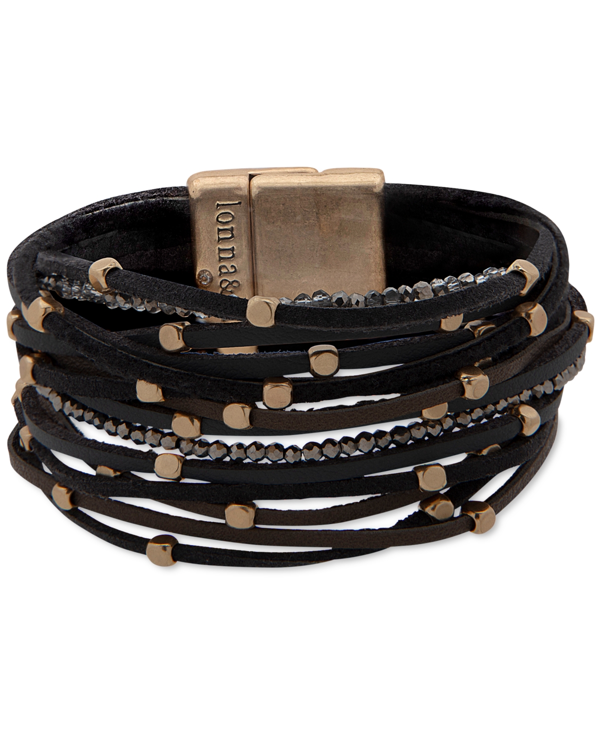 Gold-Tone Beaded Suede Multi-Row Magnetic Flex Bracelet - Black