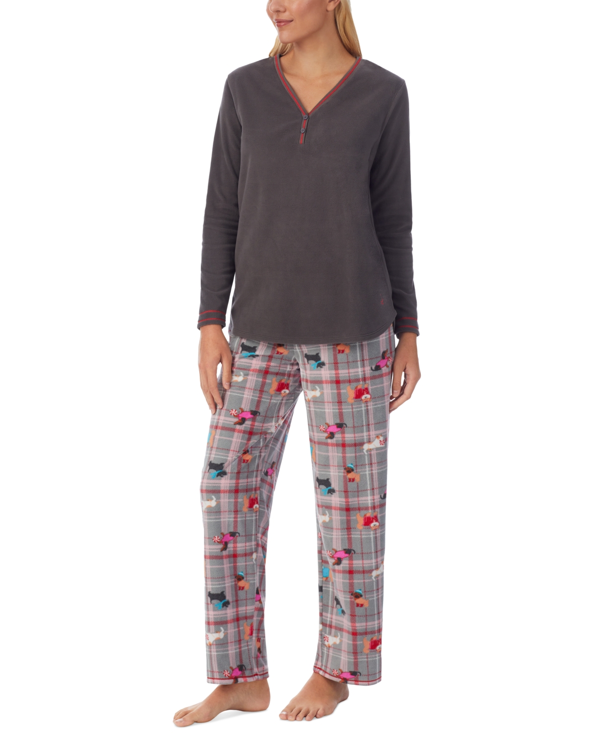 Henley Top & Print Pants Pajama Set - Grey Plaid