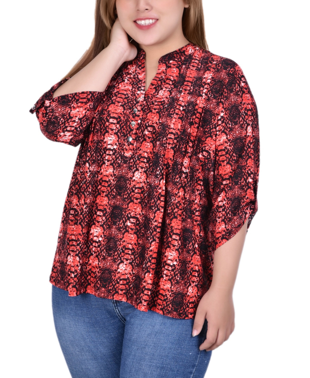 Ny Collection Plus Size Pleat Front Y-neck Top In Berry Plaid