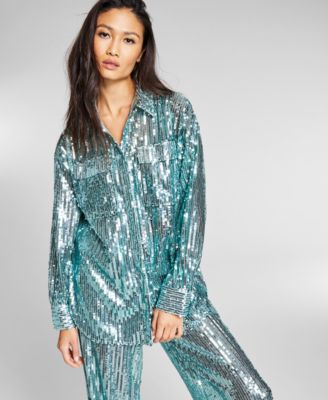 INC Sheer Sequin Oversized Shirt 